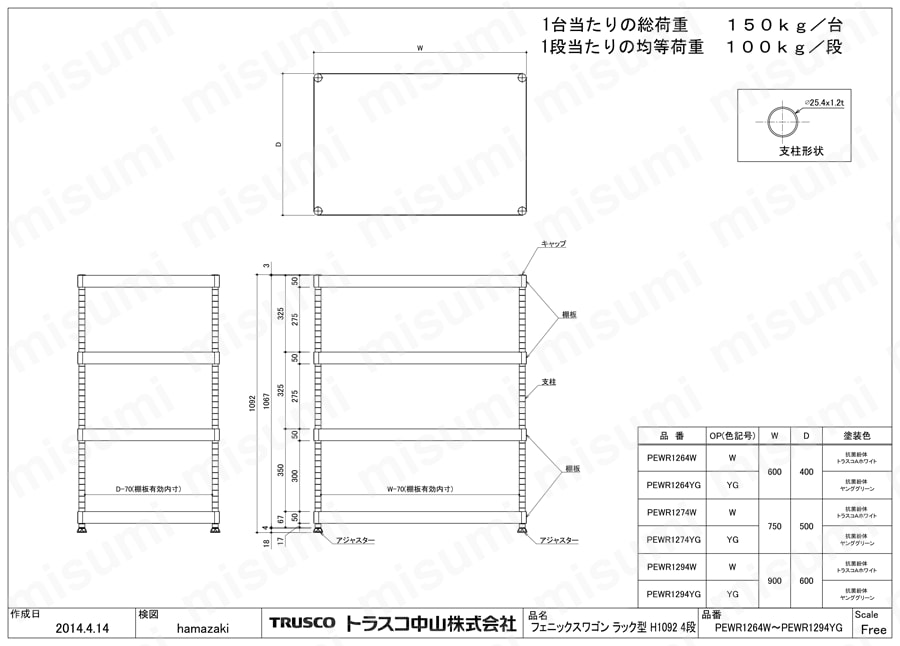 フェニックスワゴン ラック型（3段・4段） PEW-R1264-W/PEW-R1264-YG/PEW-R1274-W/PEW-R1274-YG/PEW-R1294-W/PEW-R1294-YG図面
