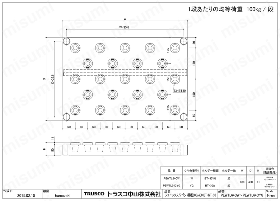 フェニックスワゴン用追加ツーリング棚板 PEW-TL64C-W/PEW-TL64C-YG図面