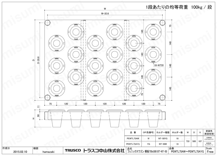 フェニックスワゴン用追加ツーリング棚板 PEW-TL75A-W/PEW-TL75A-YG図面