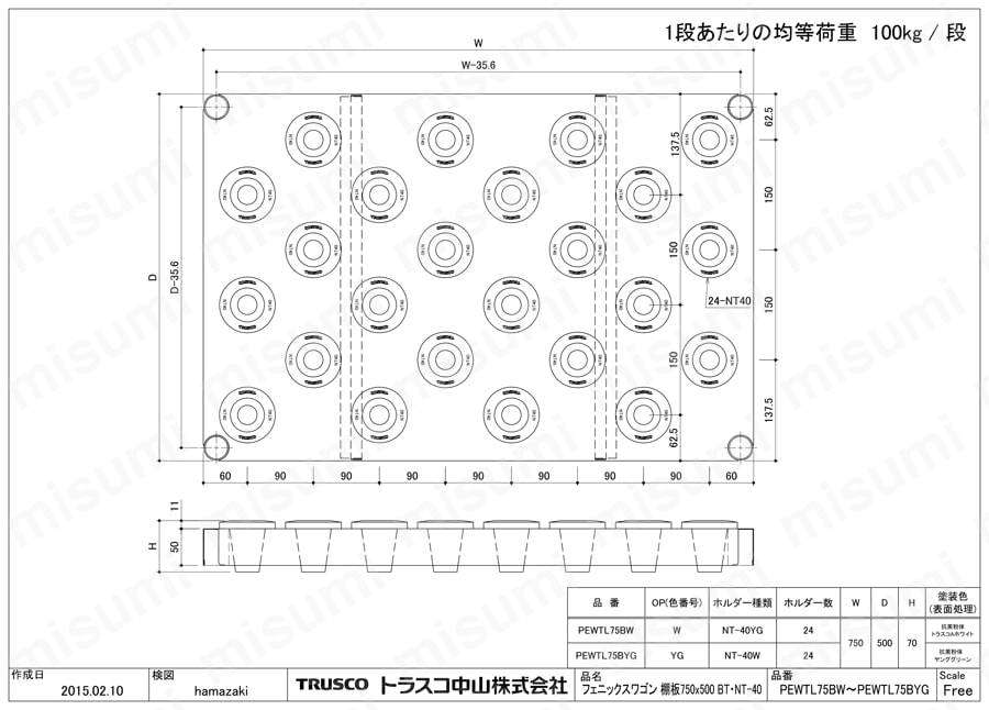 フェニックスワゴン用追加ツーリング棚板 PEW-TL75B-W/PEW-TL75B-YG図面