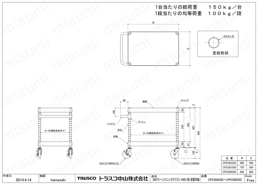 クリーンフェニックスワゴン （SUS3044・導電性ゴム車輪） CPE3-672SD/CPE3-692SD図面