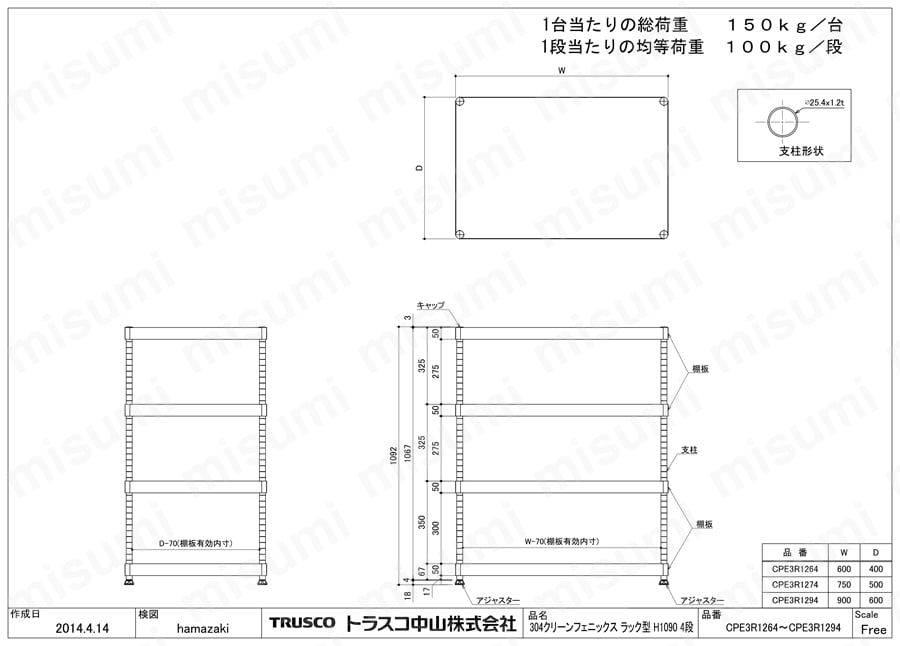 クリーンフェニックスラック （SUS3044・ラックタイプ） CPE3-R1264/CPE3-R1274/CPE3-R1294図面