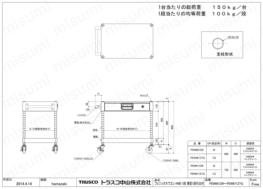 フェニックスワゴン （省音タイプ・薄型1段引出し付） PEW-661Z-W/PEW-661Z-YG/PEW-671Z-W/PEW-671Z-YG図面