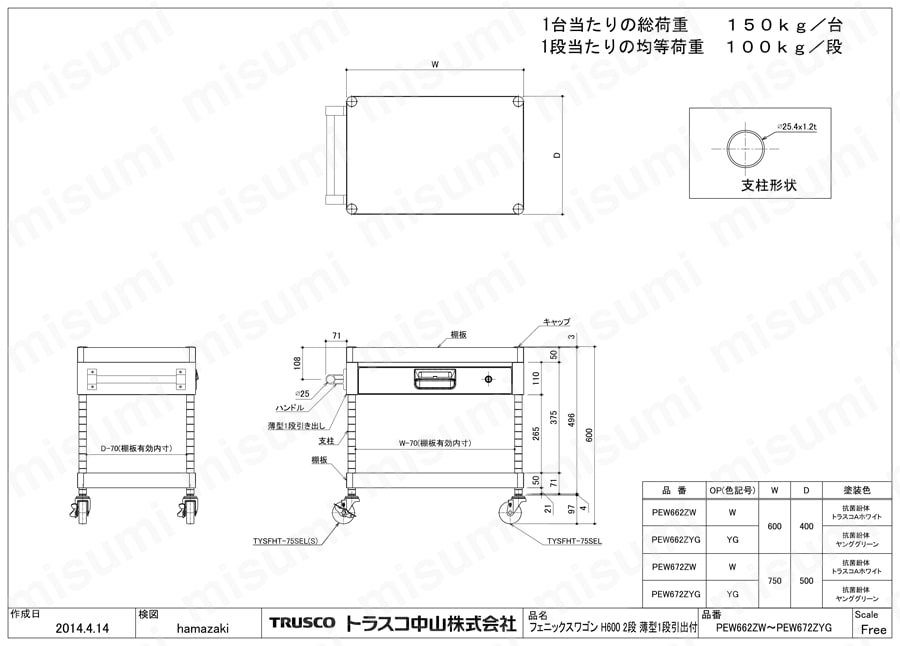 フェニックスワゴン （省音タイプ・薄型1段引出し付） PEW-662Z-W/PEW-662Z-YG/PEW-672Z-W/PEW-672Z-YG図面