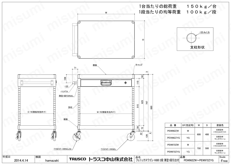 フェニックスワゴン （省音タイプ・薄型1段引出し付） PEW-962Z-W/PEW-962Z-YG/PEW-972Z-W/PEW-972Z-YG図面