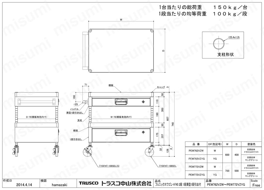 フェニックスワゴン （省音タイプ・薄型1段・1段引出し付） PEW-762VZ-W/PEW-762VZ-YG/PEW-772VZ-W/PEW-772VZ-YG図面