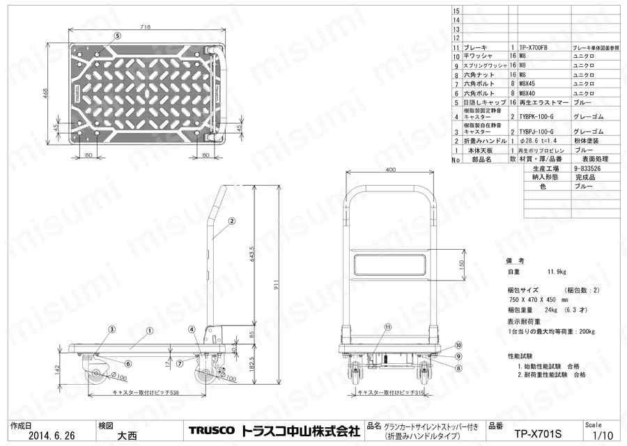 TRUSCO グランカート サイレント バリュータイプ 折りたたみ 718X46 TP701K 代引き不可 - 10