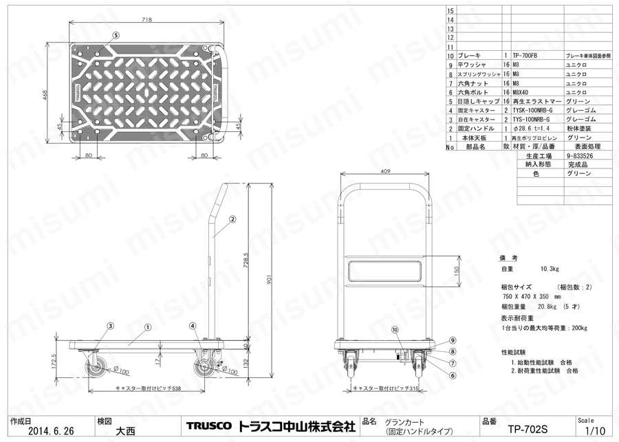 TP-802S 樹脂製運搬車 グランカート （固定ハンドルタイプ） ストッパー付タイプ トラスコ中山 ミスミ 489-3107