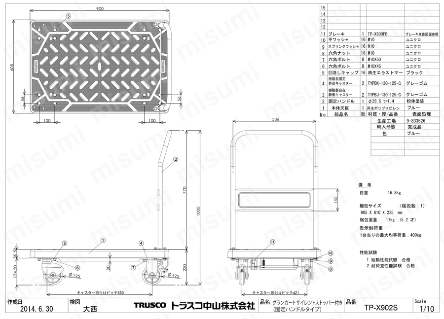 樹脂製運搬車 グランカート サイレント （ストッパー付） 固定ハンドル・ストッパー付タイプ