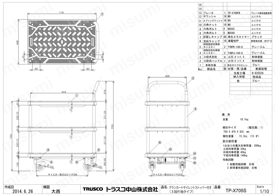 樹脂製運搬車 グランカート サイレント （片袖3段タイプ・ストッパー付） TP-X705S図面