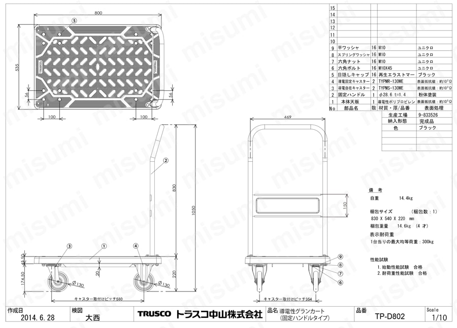 導電性樹脂運搬車 グランカート（固定ハンドルタイプ） TP-D802図面