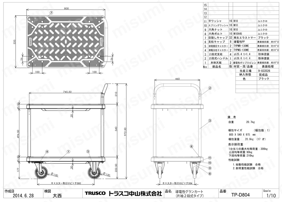 TP-D704 導電性樹脂運搬車 グランカート 片袖2段タイプ トラスコ中山 ミスミ 489-3336