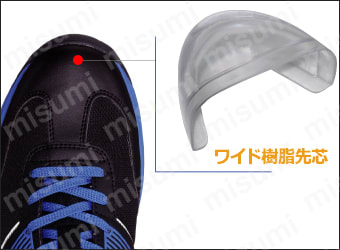 ワイド樹脂先芯 JSAA規格A種の安全性能を持つ、幅広で軽量な樹脂先芯を内蔵。