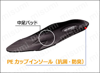 PEカップインソール（抗菌・防臭） 高いクッション性が長持ちし、抗菌・防臭効果のあるPEカップインソールを採用。アーチクッションと中足パッドが足のアーチを支える。