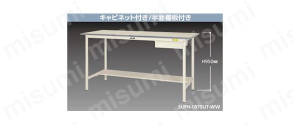 ワークテーブル150シリーズ（固定式 H950mm 半面棚板/キャビネット付き）
