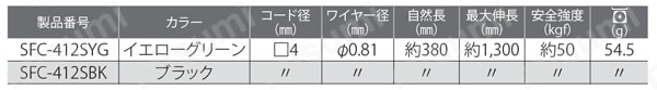 四角コイルセーフティコード ハイスクエア（ステンレスワイヤ芯） 規格表01