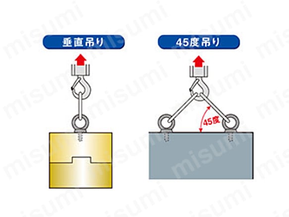 アイナット1個による垂直吊り及び2個による45度吊りの使用荷重を確認し、その範囲内で使用する。