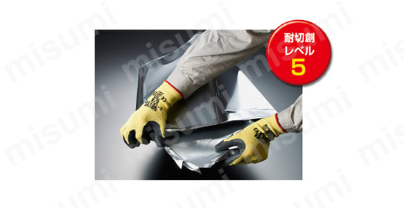 ステンレスワイヤー糸×アラミド繊維「S-TEX KV3」はステンレスワイヤー糸とアラミド繊維を組み合わせることにより、耐切創レベル5を実現しながら、ゴワツキを抑え、やわらかく手にフィット。