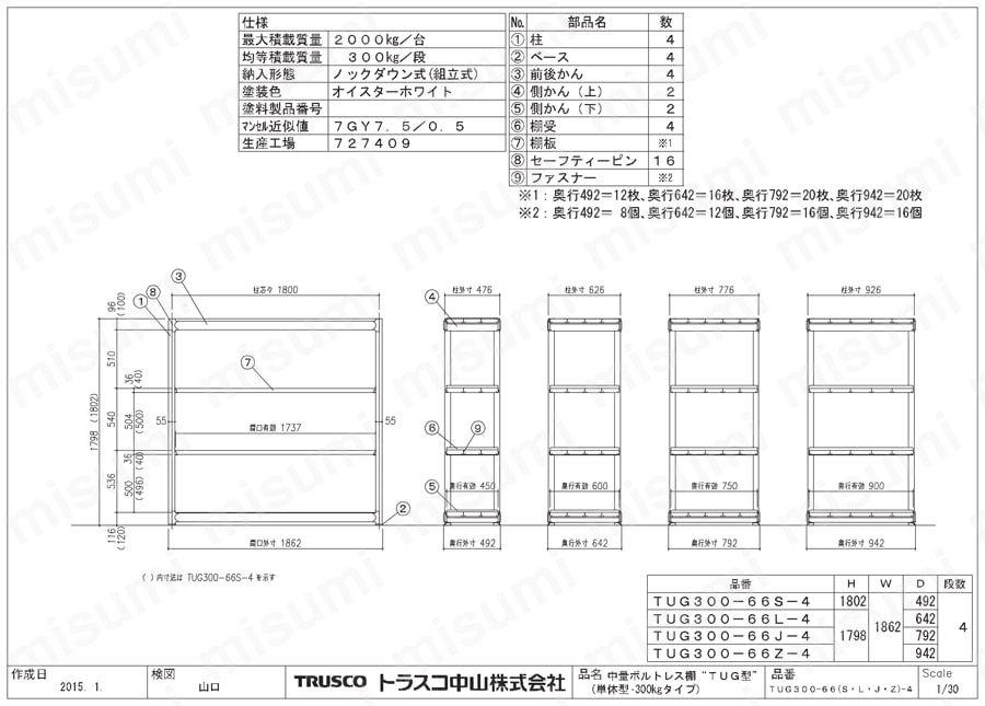 中量ボルトレス棚 TUG型 単体型（300kgタイプ、高さ1800mm、4段タイプ）