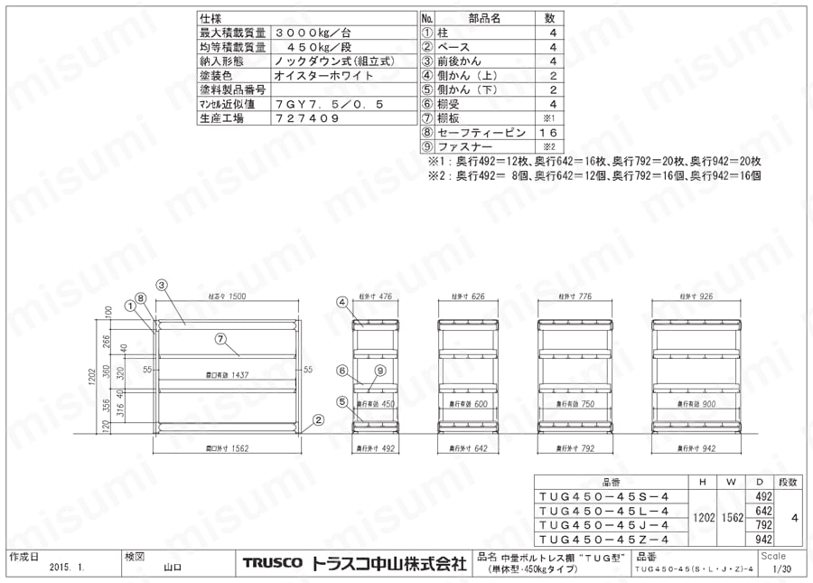 中量ボルトレス棚 TUG型  （450kgタイプ､高さ1200mm､4段タイプ） TUG45045図面