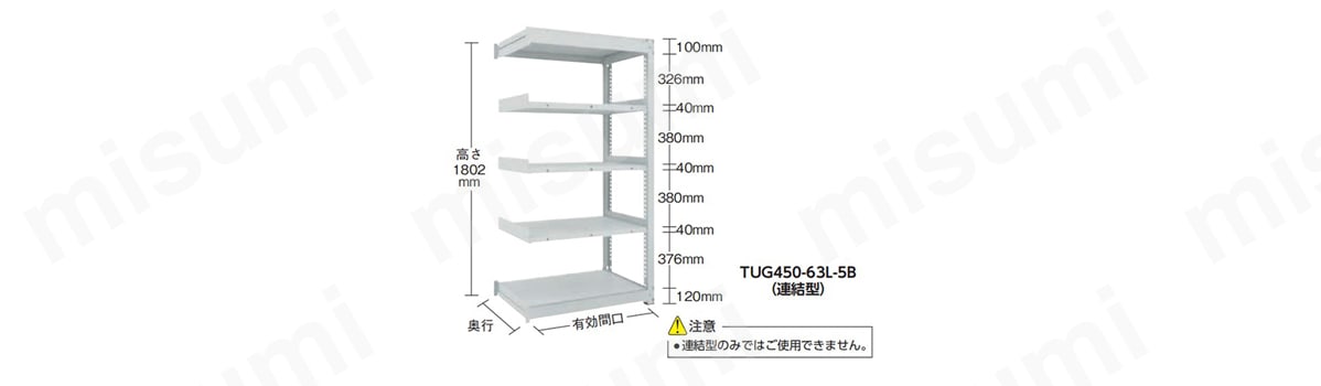 中量ボルトレス棚 TUG型（450kgタイプ 高さ1,800mm 5段タイプ） 連結型（高さ1,800mm 棚段数5段タイプ）の寸法図