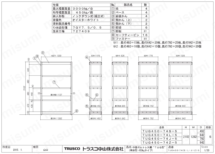 TUG45075S5 | 中量ボルトレス棚 TUG型 （450kgタイプ､高さ2100mm､5段