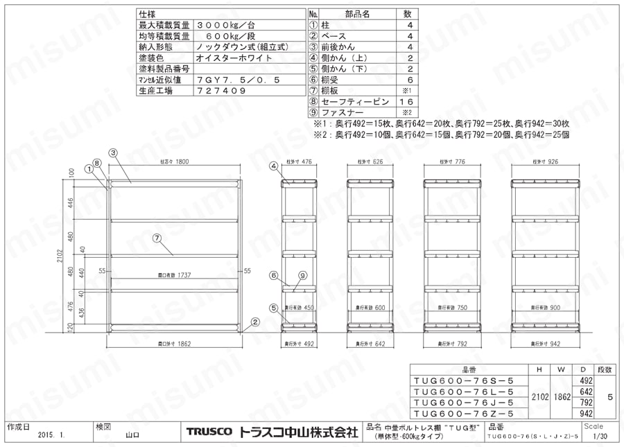 TUG60076L5 | 中量ボルトレス棚 TUG型 （600kgタイプ､高さ2100mm､5段