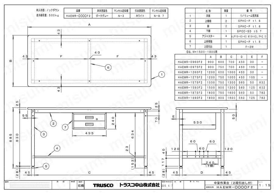 中量立ち作業台（2段引出し付） HAEWR型300kgタイプ 図面