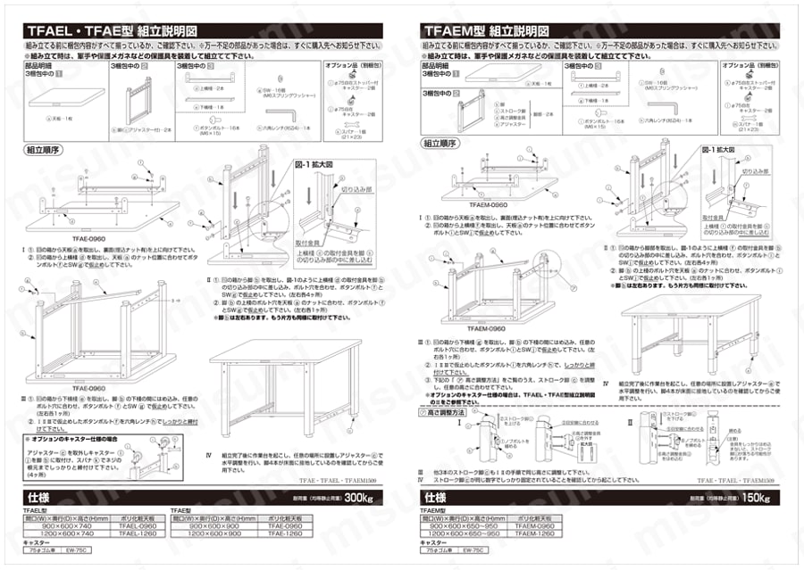 軽量作業台 TFAE型（高さ調整機能付 間口1200mm） 取扱説明書-2
