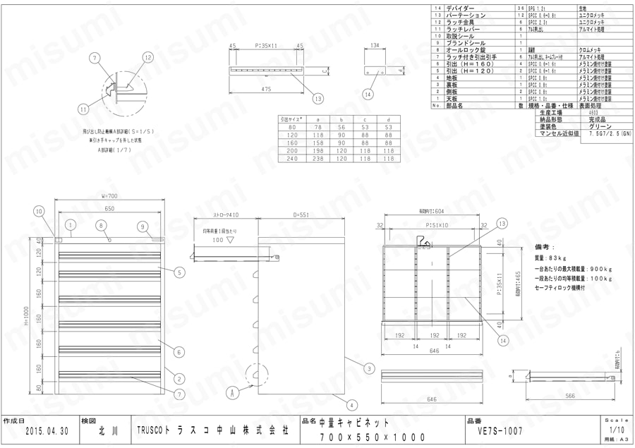 VE7S-1001 | 中量キャビネット VE7S型 3ロック安全機構（高さ1000mm 