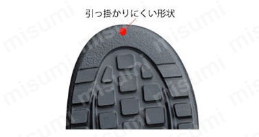 つま先の形状をRにデザイン。つま先部分に引っ掛かりやすい意匠を排除し躓きにくい設計になった最初の安全靴。