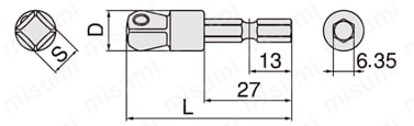 電動ドリル用ソケットアダプター 2BAシリーズ 外形図