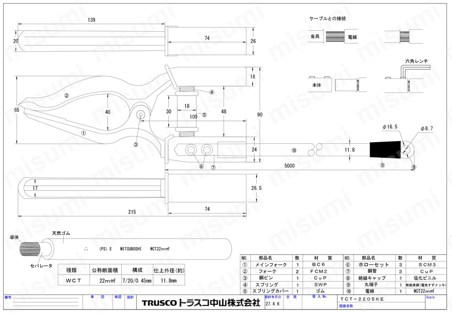 TCT-2210KE | キャブタイヤケーブル2次側線（アースクリップ・丸端子付