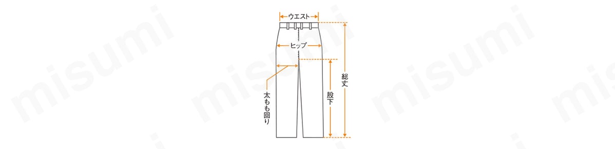 ウエスト／腰ベルト部分の長さの2倍。 ヒップ／腰の1番大きな部分をまっすぐ測り2倍にする。 股下／内股に沿って股下中央から裾まで測る。 太もも回り／股下から5cm下がった部分の巾の2倍。 総丈／ウエストベルトの上から裾まで測る。