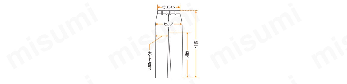 ウエスト／腰ベルト部分の長さの2倍。 ヒップ／腰の1番大きな部分をまっすぐ測り2倍にする。 股下／内股に沿って股下中央から裾まで測る。 太もも回り／股下から5cm下がった部分の巾の2倍。 総丈／ウエストベルトの上から裾まで測る