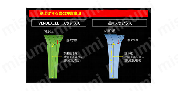 ※このパンツは立体裁断構造を採用しているため、股下寸法の計測位置が通常とは異なります。