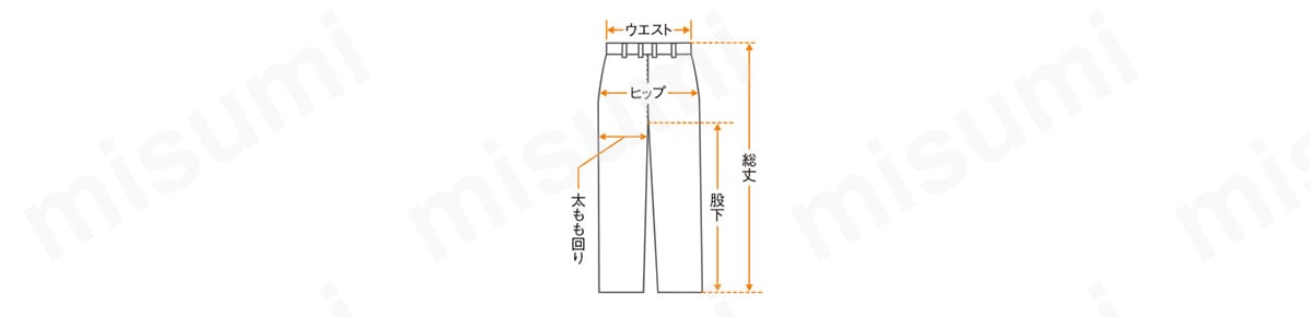 ウエスト／腰ベルト部分の長さの2倍。 ヒップ／腰の1番大きな部分をまっすぐ測り2倍にする。 股下／内股に沿って股下中央から裾まで測る。 太もも回り／股下から5cm下がった部分の巾の2倍。 総丈／ウエストベルトの上から裾まで測る。