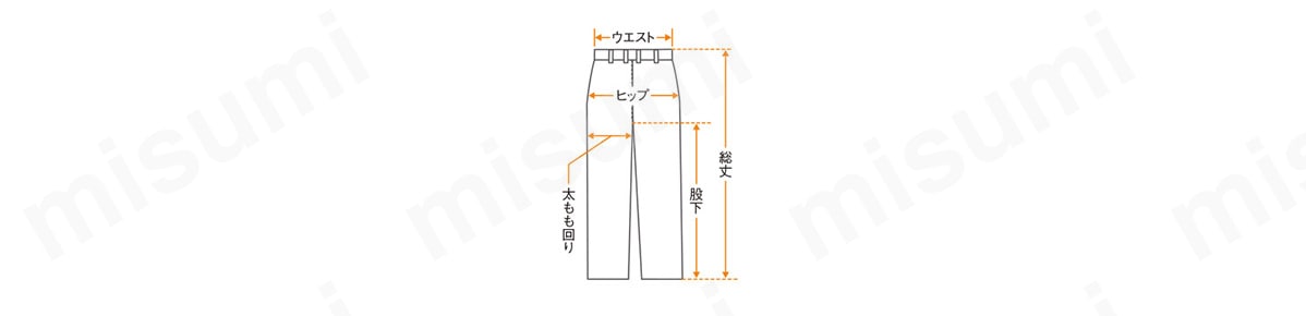 ウエスト／腰ベルト部分の長さの2倍。 ヒップ／腰の1番大きな部分をまっすぐ測り2倍。 股下／内股に沿って股下中央から裾まで測る。 太もも回り／股下から5cm下がった部分の巾2倍。 総丈／ウエストベルトの上から裾まで測る。