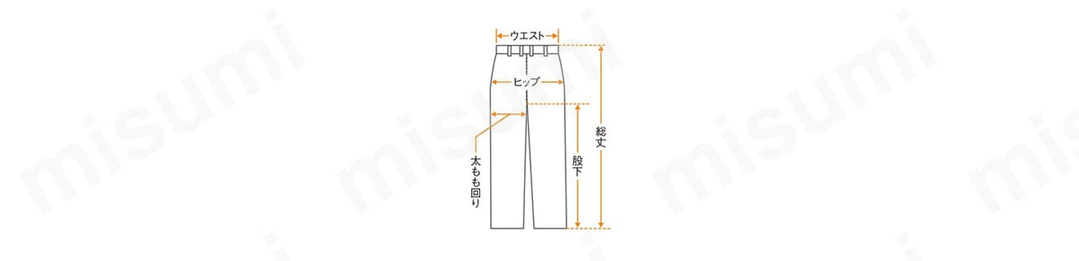 ウエスト／腰ベルト部分の長さの2倍。 ヒップ／腰の1番大きな部分をまっすぐ測り2倍。 股下／内股に沿って股下中央から裾まで測る。 太もも回り／股下から5cm下がった部分の巾2倍。 総丈／ウエストベルトの上から裾まで測る。