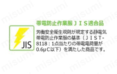 停電防止作業服JIS適合品／労働安全規制が規定する静電気帯電防止作業服の基準（JIST-8118：1点当たりの帯電電荷量が0.6μC以下）を満たした商品。