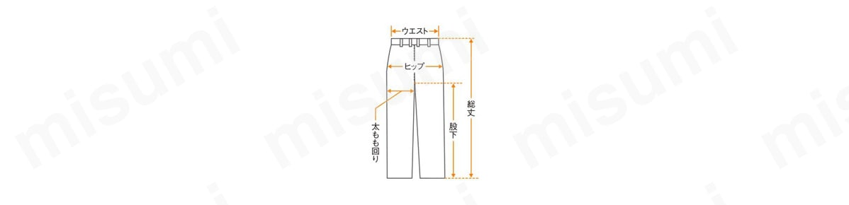 ウエスト／腰ベルト部分の長さの2倍。 ヒップ／腰の1番大きな部分をまっすぐ測り2倍にする。 股下／内股に沿って股下中央から裾まで測る。 太もも回り／股下から5cm下がった部分の巾の2倍。 総丈／ウエストベルトの上から裾まで測る。