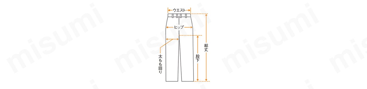ウエスト／腰ベルト部分の長さの2倍。 ヒップ／腰の1番大きな部分をまっすぐ測り2倍。 股下／内股に沿って股下中央から裾まで測る。 太もも回り／股下から5cm下がった部分の巾2倍。 総丈／ウエストベルトの上から裾まで測る。