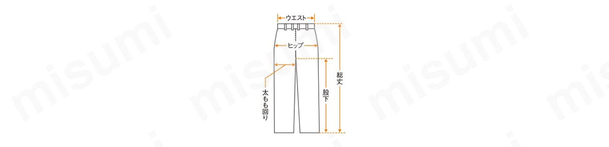 ウエスト／腰ベルト部分の長さ2倍。 ヒップ／腰の1番大きな部分をまっすぐ測り2倍。 股下／内股に沿って股下中央から裾まで測る。 太もも回り／股下から5cm下がった部分の巾2倍。 総丈／ウエストベルトの上から裾まで測る。