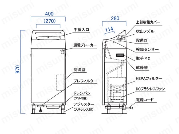 クリーンハンドドライヤー AHD-6の寸法と部品図
