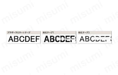 ブラザーラミネートテープ／他社テープ1／他社テープ2。 実験後／表面のラミネートフィルムが印刷面を保護するため、擦れや薬品の付着に対しても高い耐久性を発揮している。