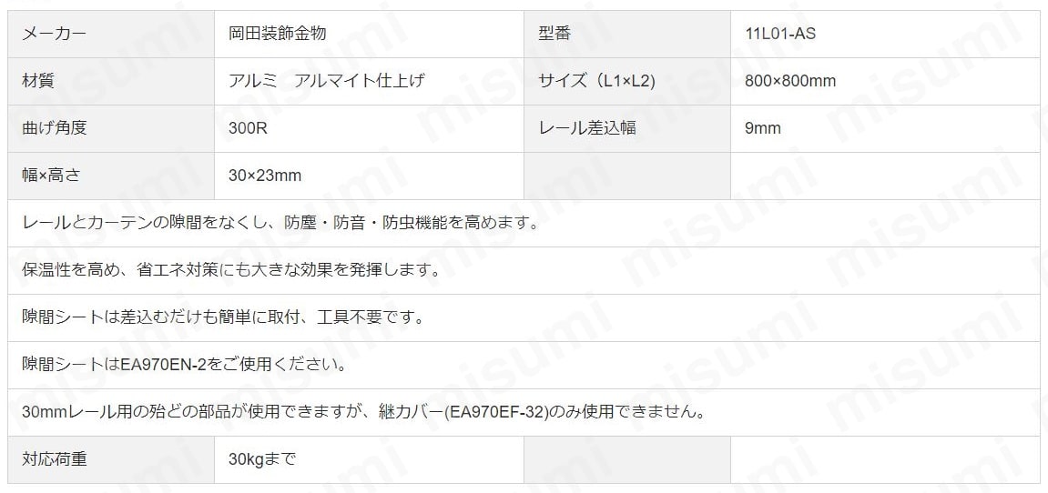 800x800mm/300R 隙間シート用レール・カーブ(アルミ製) エスコ MISUMI(ミスミ)