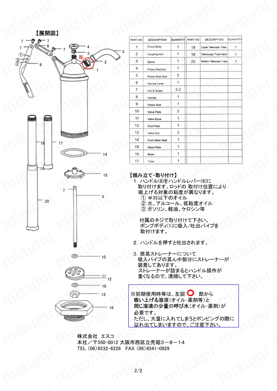 ドラム缶用液体ポンプ(手押し式・ふっ素樹脂製) エスコ MISUMI(ミスミ)