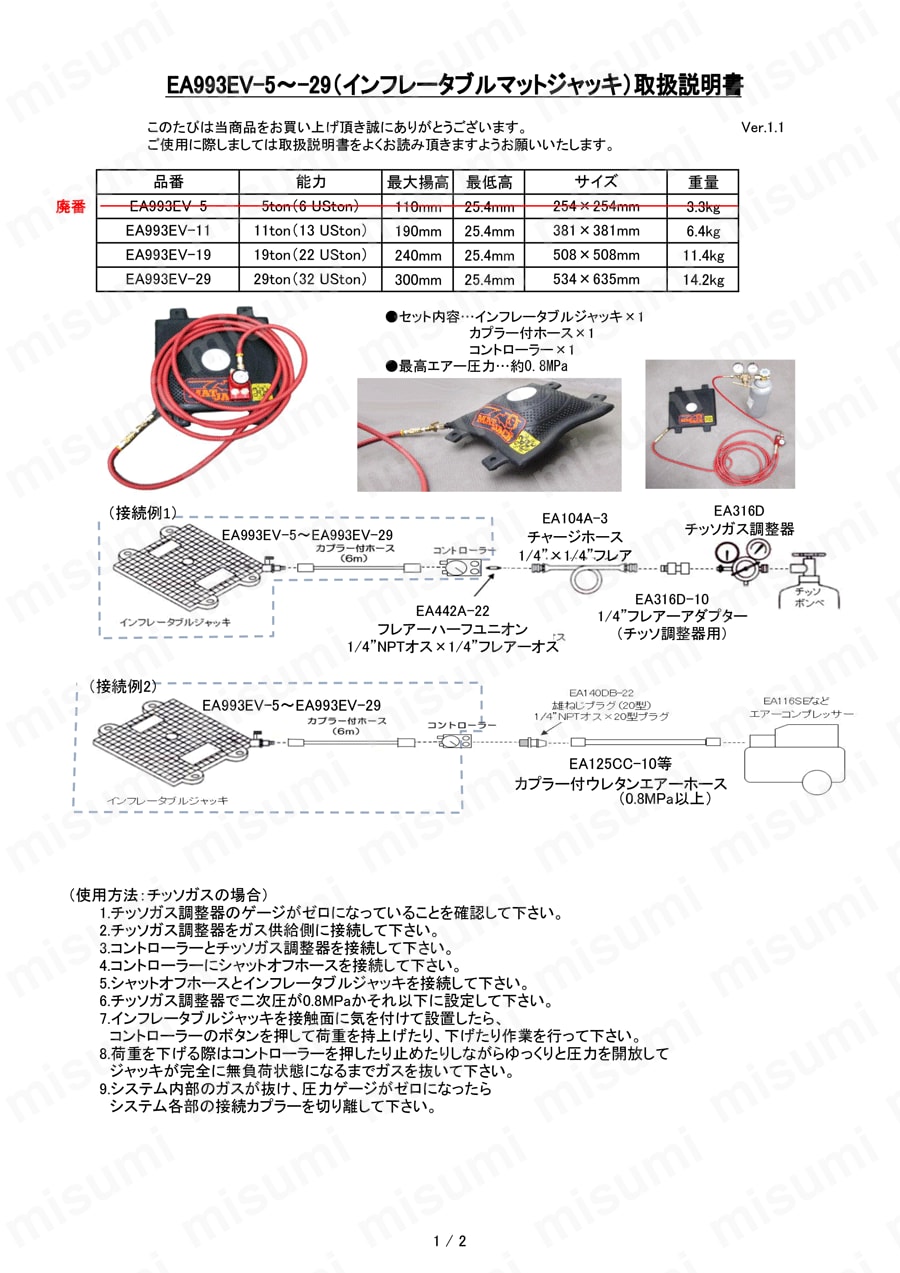 EA993EV-11 インフレータブルマットジャッキ 11.0ton エスコ MISUMI(ミスミ)
