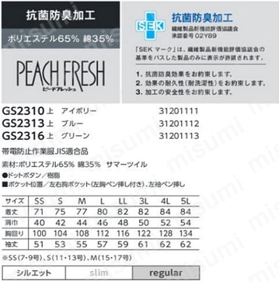 ミドリ安全 作業服 春夏 長袖 シャツ 帯電防止 GS2316 上 3L