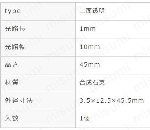 石英標準セル 二面透明 1×10×45H | 東京硝子器械 | MISUMI(ミスミ)